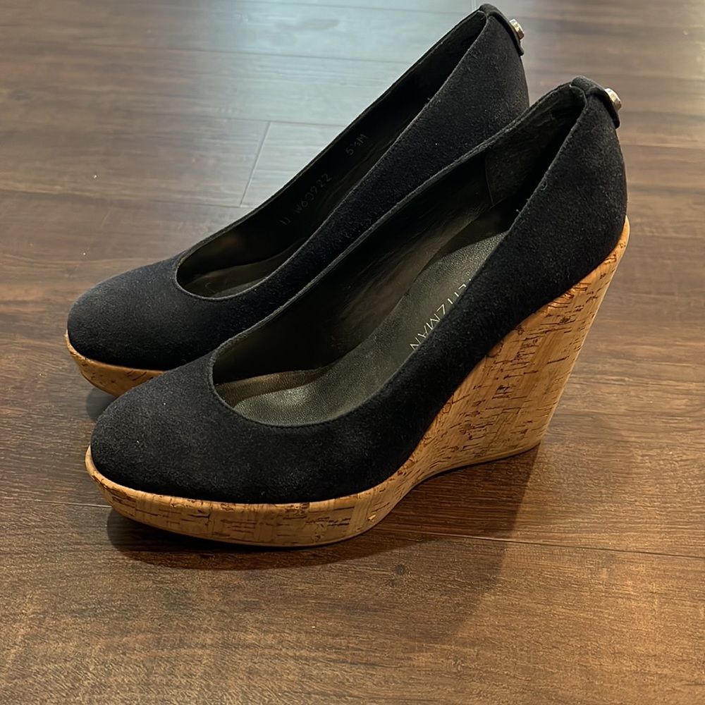 Stuart Weitzman Corkswoon Wedges in Navy Suede